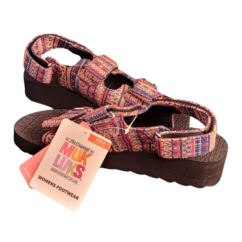 Muk Luks Navy Multi Women's 8 Lightweight Rubber Sole Southwestern Velcro Sandal - Picture 5 of 8